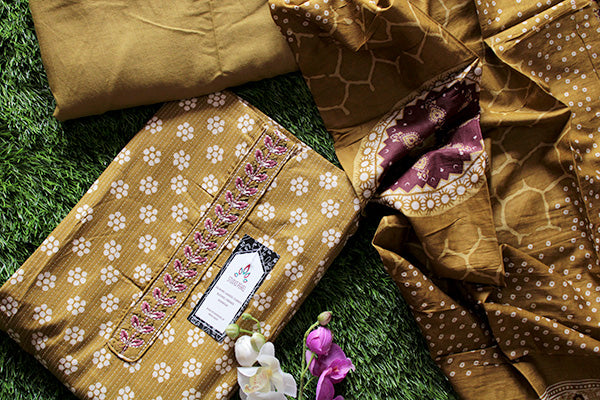 Olive Kantha Salwar Unstitched Set