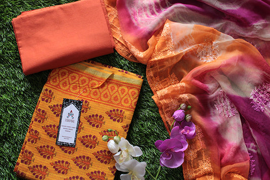 Orange Chanderi Printed Unstitched Salwar Set