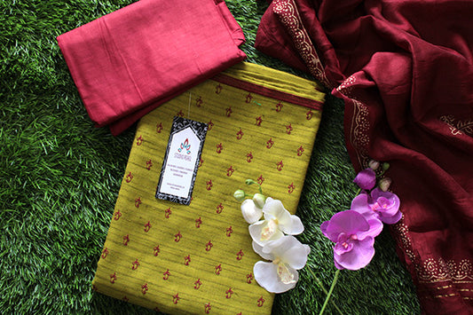 Dupion Jute Olive Contrast Salwar Set