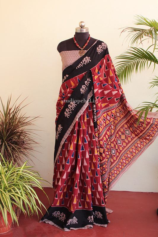 Tribal brick kalamkari saree