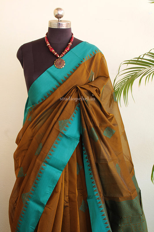 Cotton Saree  - Tan & Teal