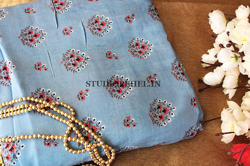 Muslin silk fabric - Baby blue floral