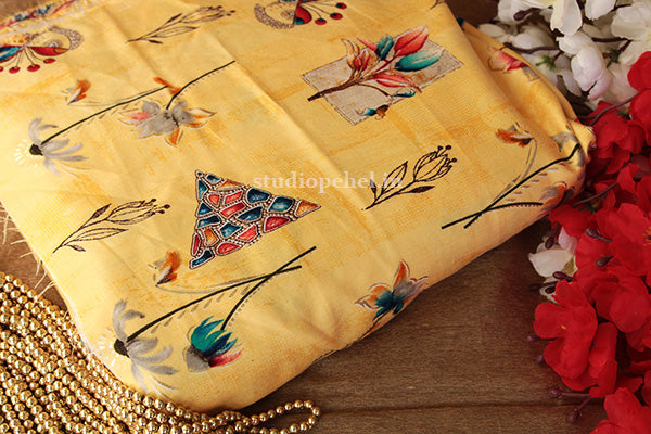 Yellow rayon foil print fabric