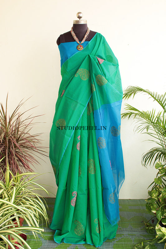 Cotton Saree  - Sea blue & green