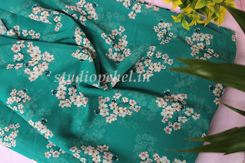 Floral Running Fabric - Teal Sakura
