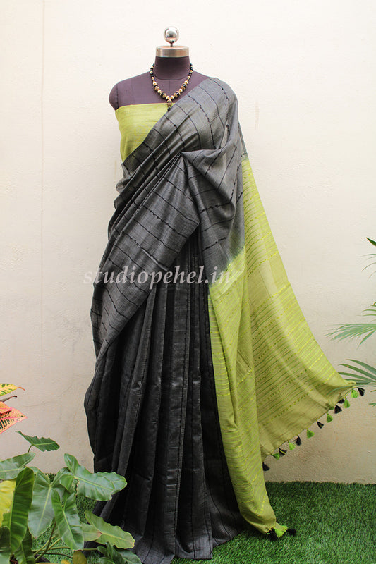 Bhagalpuri Sarees - Grey & lime Melange