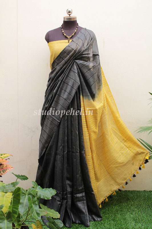Bhagalpuri Sarees - Grey & lime yellow Melange