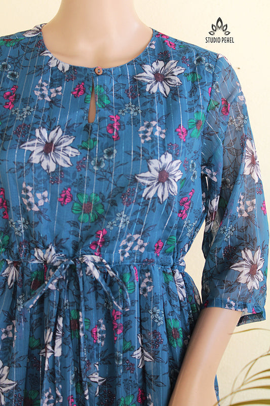 Blue Floral Chiffon Dress