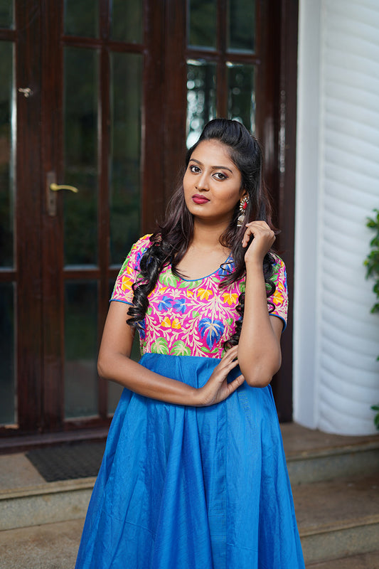 Floral Pink & blue chanderi silk flare dress - STUDIO PEHEL
