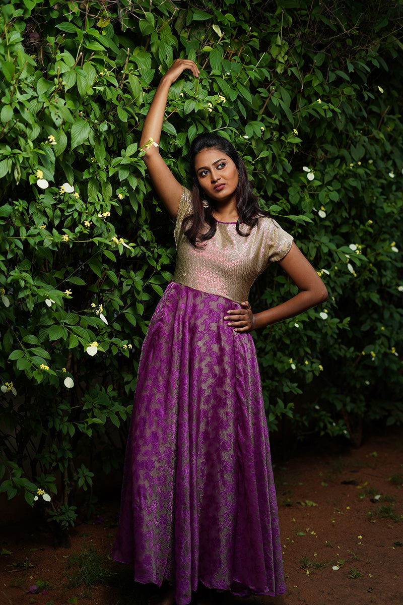 Purple-Gold Fit & Flare Dress - STUDIO PEHEL