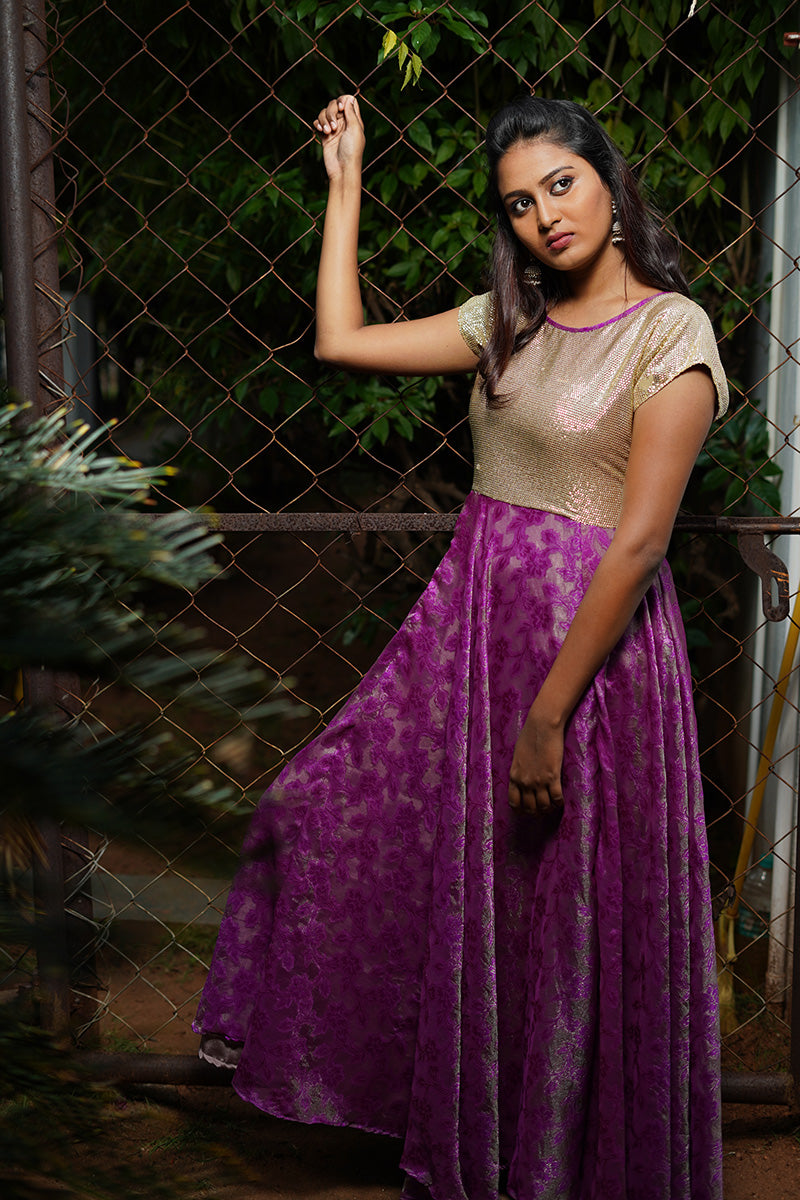 Purple-Gold Fit & Flare Dress - STUDIO PEHEL
