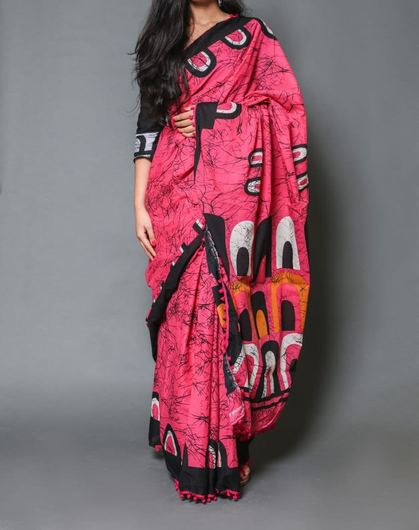 Naira soft cotton sarees - pink & black shibori