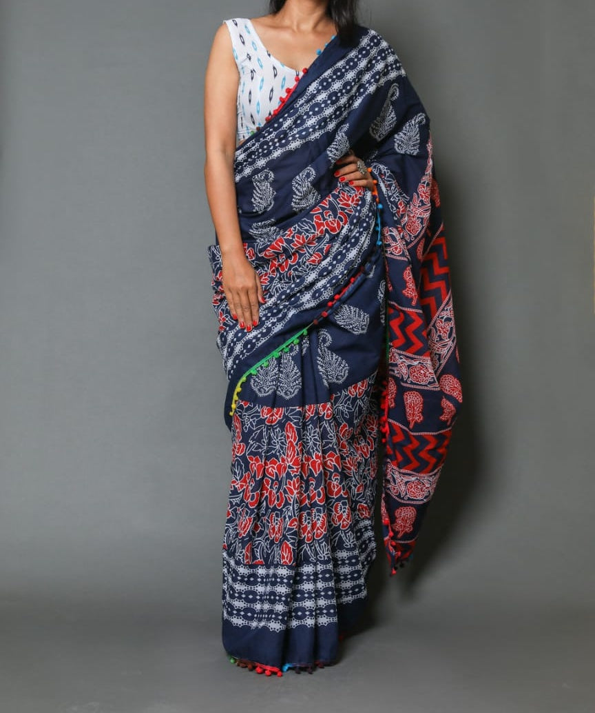 Naira soft cotton sarees - multi ajrakh print