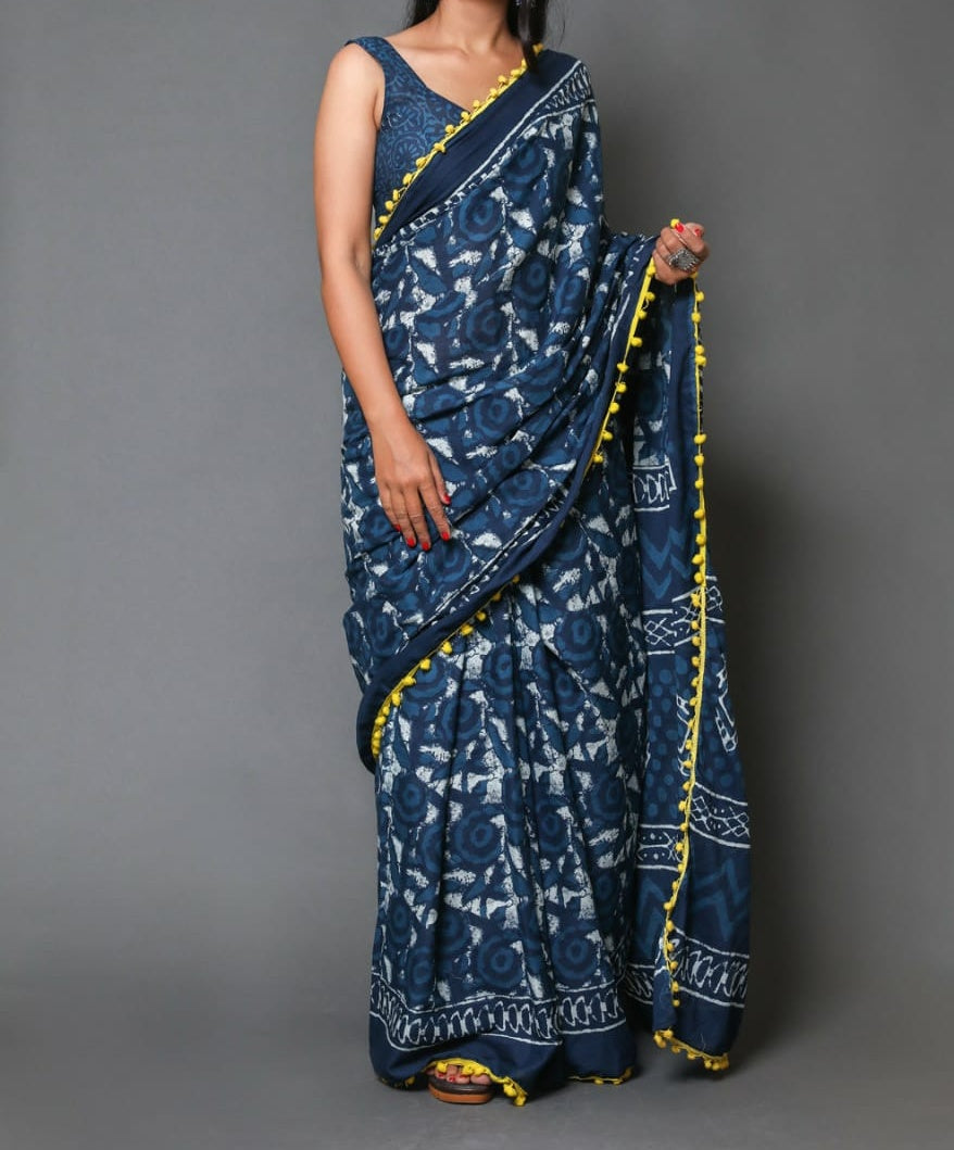 Naira soft cotton sarees - indigo printed yellow
