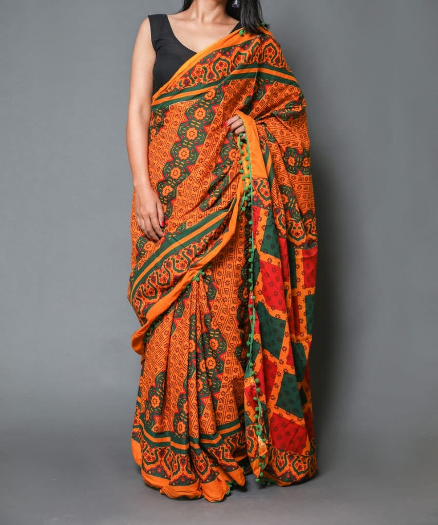 Naira soft cotton sarees- Orange & green