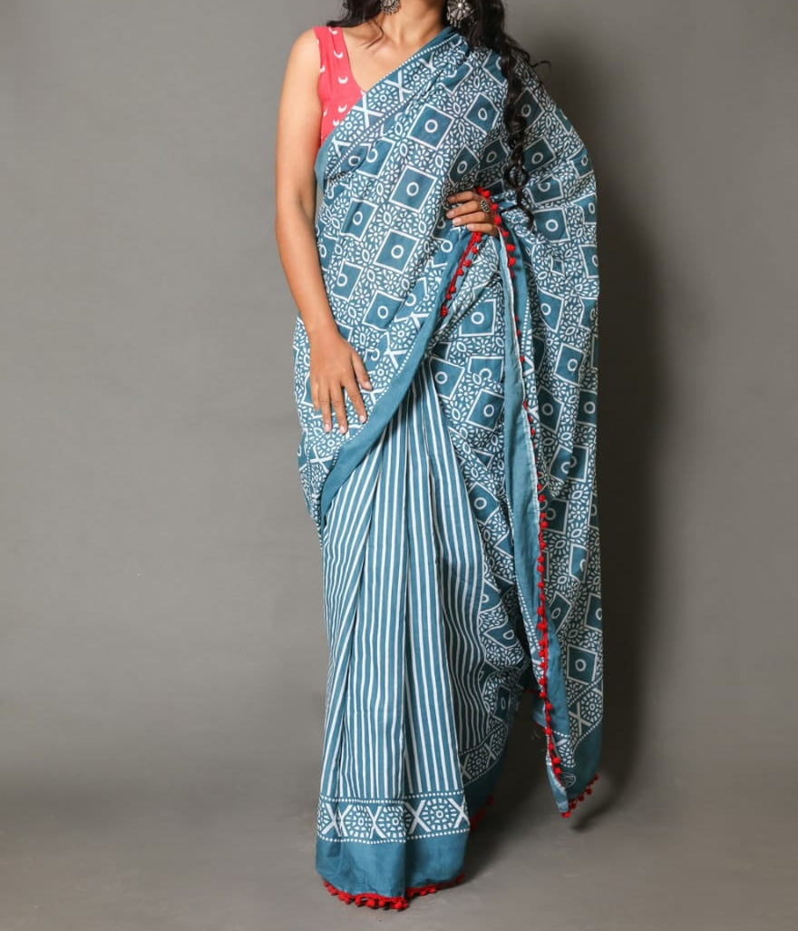 Naira soft cotton sarees- stripe & box dual