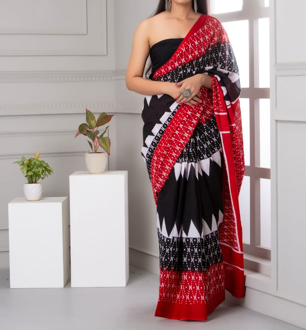 Mira soft cotton sarees- black & white tribal
