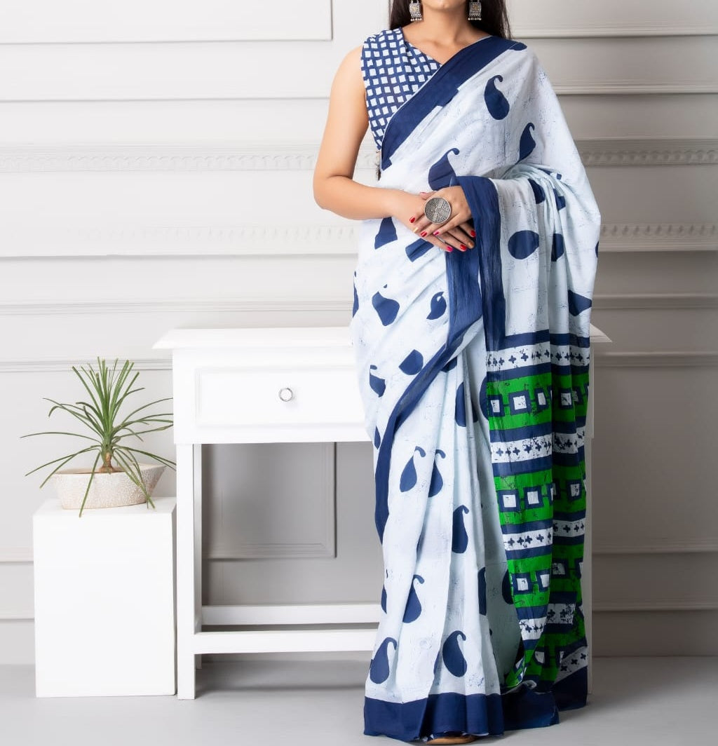 Mira soft cotton sarees- indigo paisley