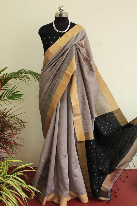 Nude & Black Raw zari silk saree