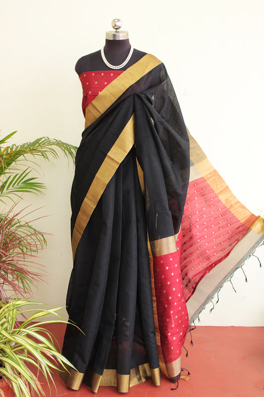 Black & Red Raw zari silk saree