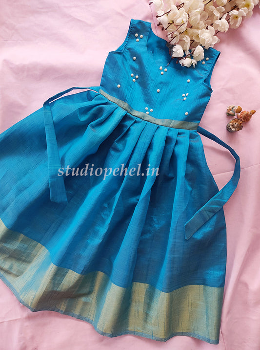 Girls Blue Silk Party Dress