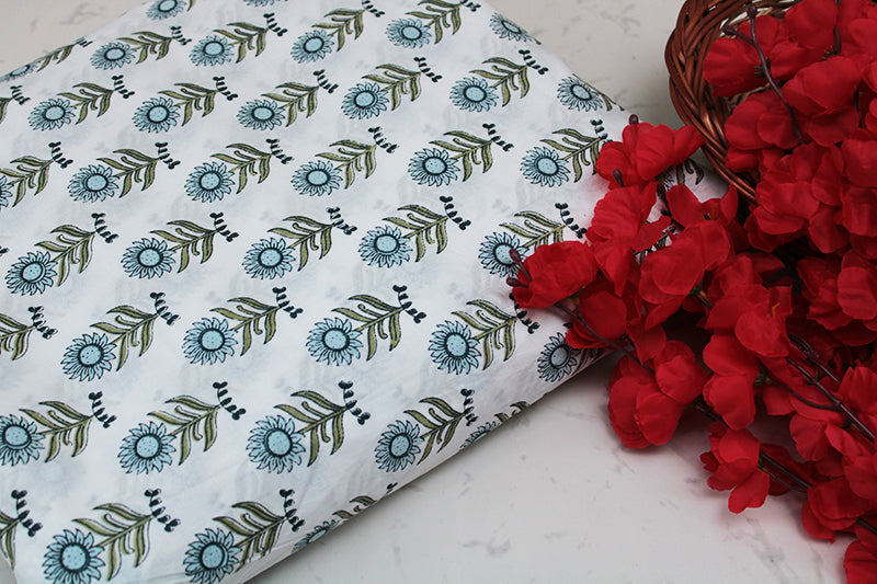 Cotton-fabric-floral-white sunflower floral