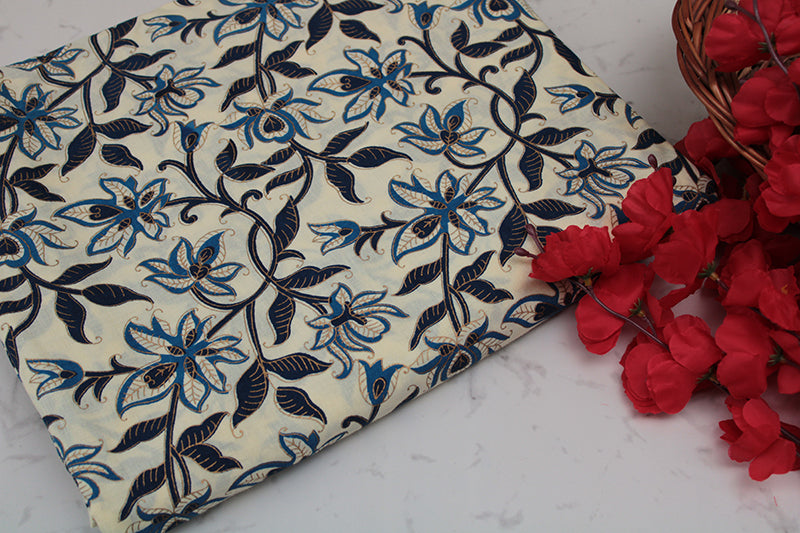 Cotton-fabric-floral-White & blue floral