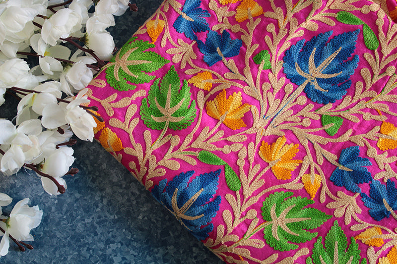Ranipink raw silk phulkari fabric