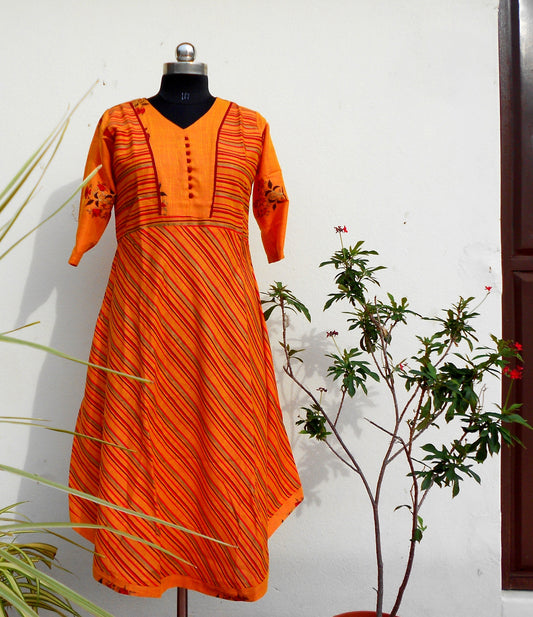 Aastha-tangerine striped flare kurti - STUDIO PEHEL