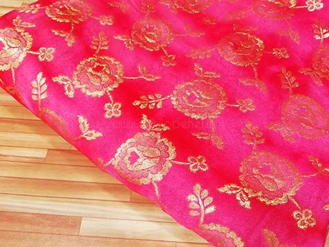 Red /Rose floral velvet heavy brocade fabric - STUDIO PEHEL