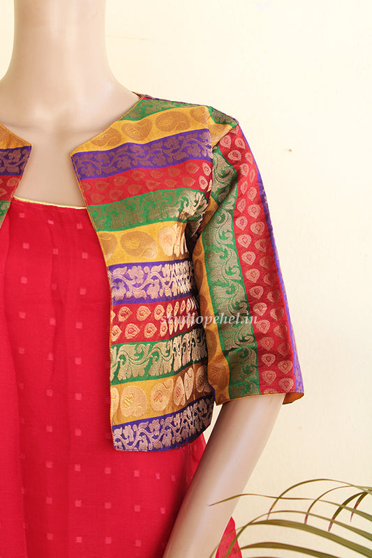 Red  Cotton Net Aline Dress with Shrug