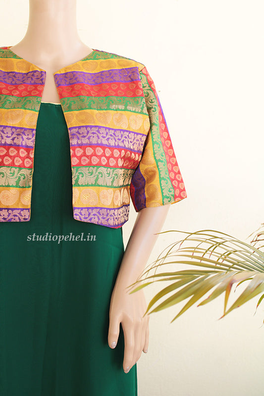 Bottle Green Chiffon Aline Dress with Shrug