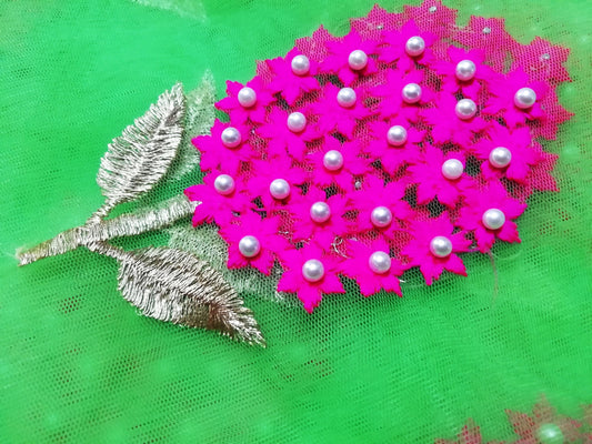 Parrot Green with pearl embellished embroidery net fabric - STUDIO PEHEL