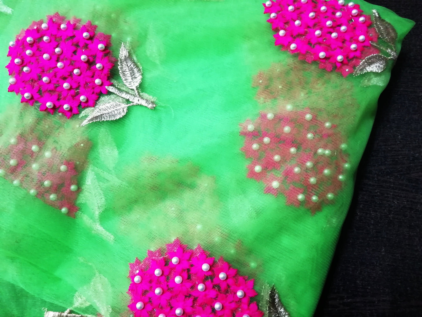 Parrot Green with pearl embellished embroidery net fabric - STUDIO PEHEL