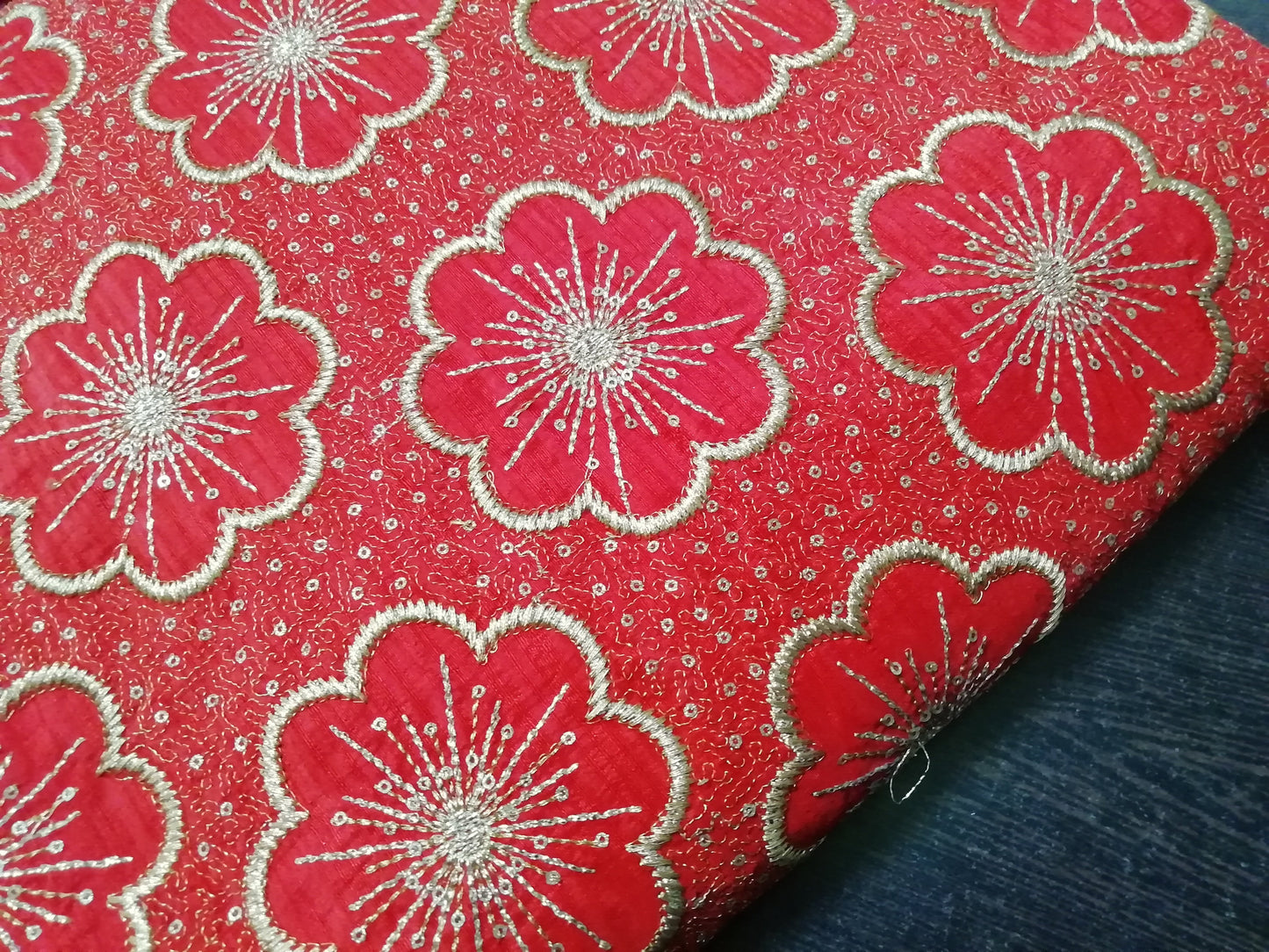 Rush red heavy embroidered fabric - STUDIO PEHEL