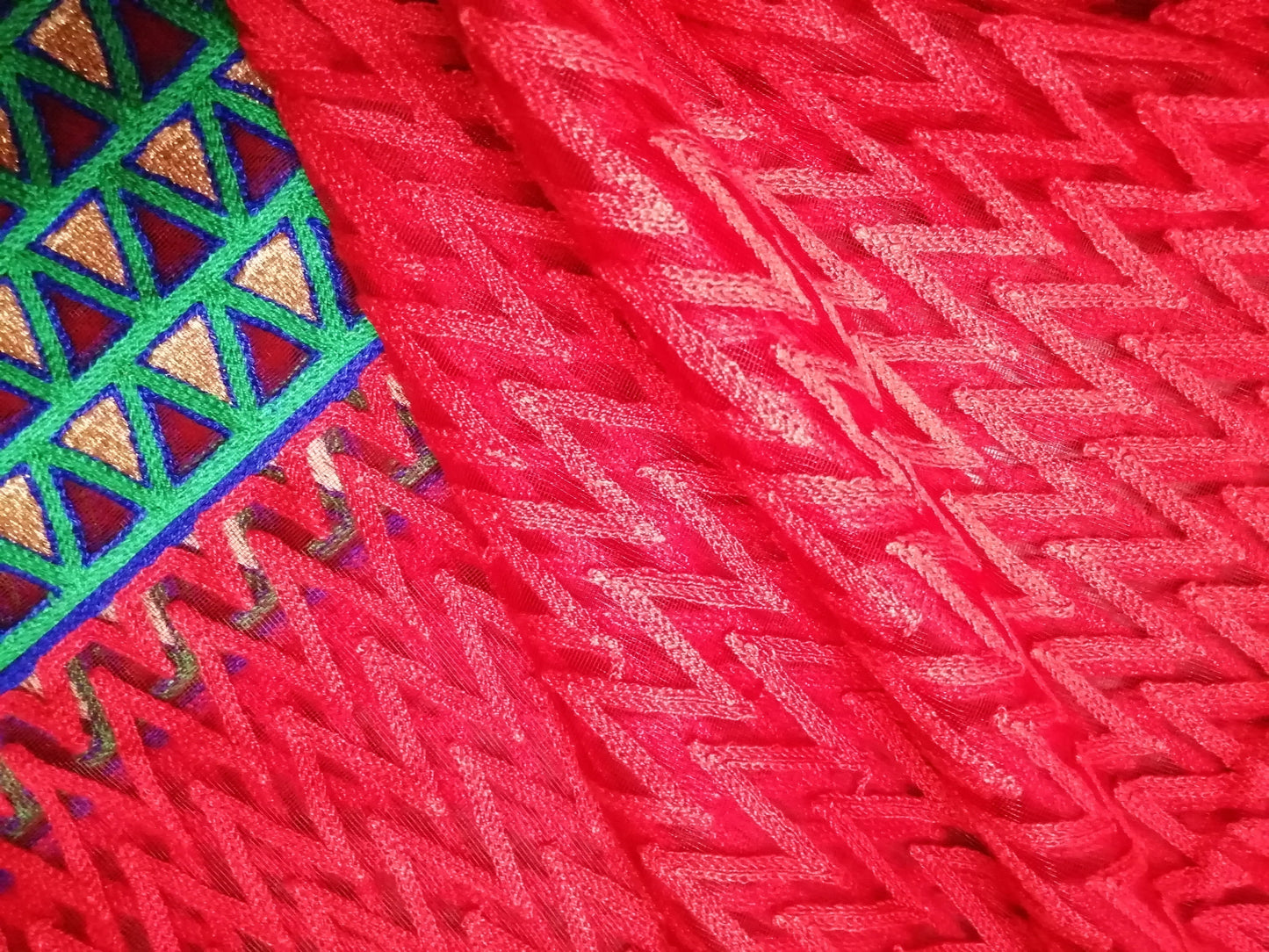 Phulkari red heavy embroidered fabric - STUDIO PEHEL