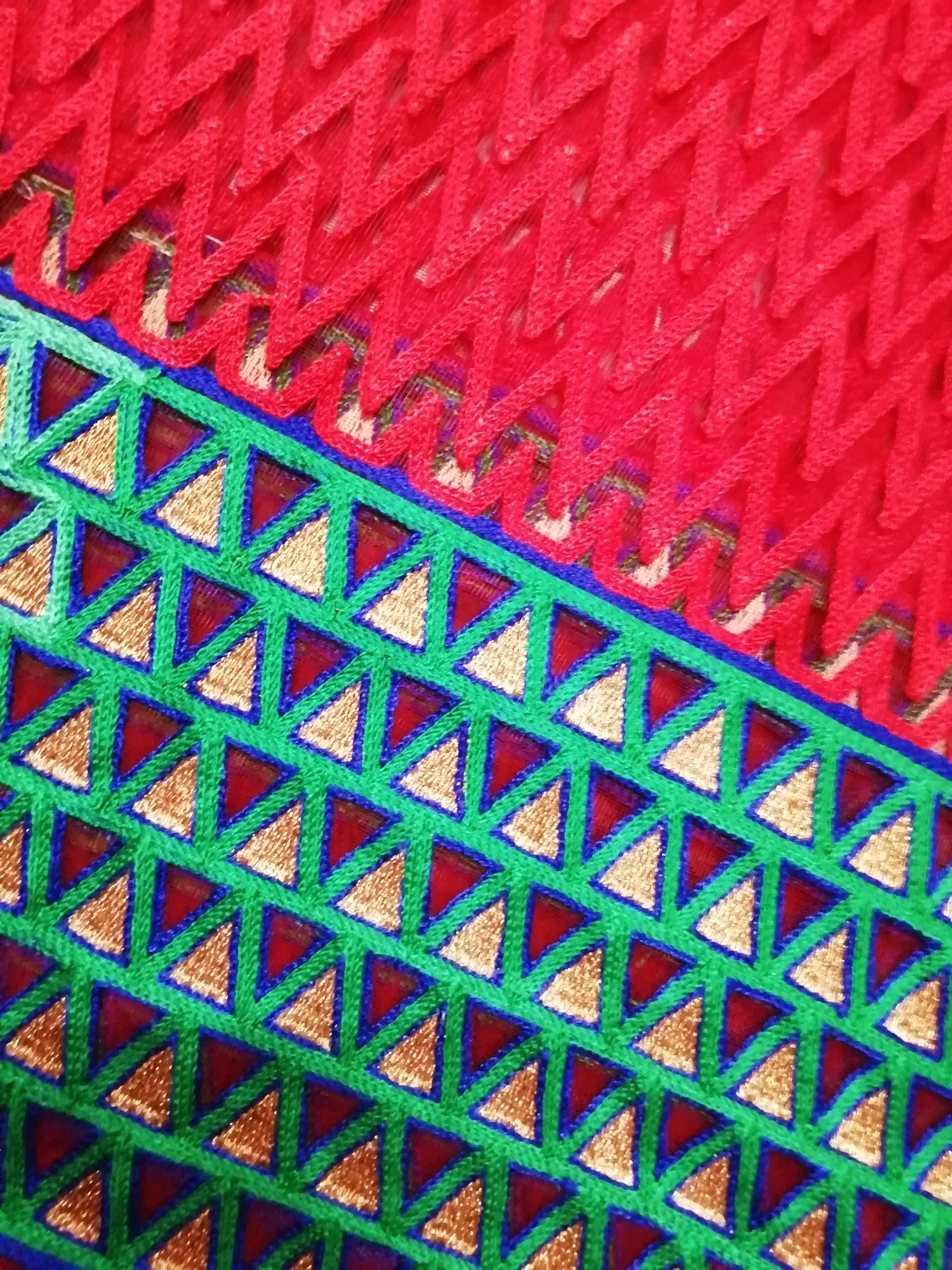 Phulkari red heavy embroidered fabric - STUDIO PEHEL