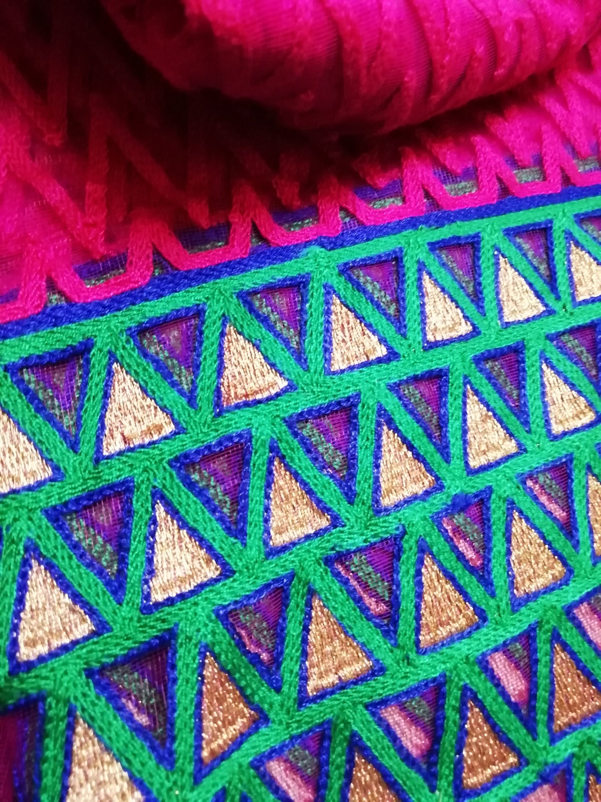 Phulkari rani pink heavy embroidered fabric - STUDIO PEHEL