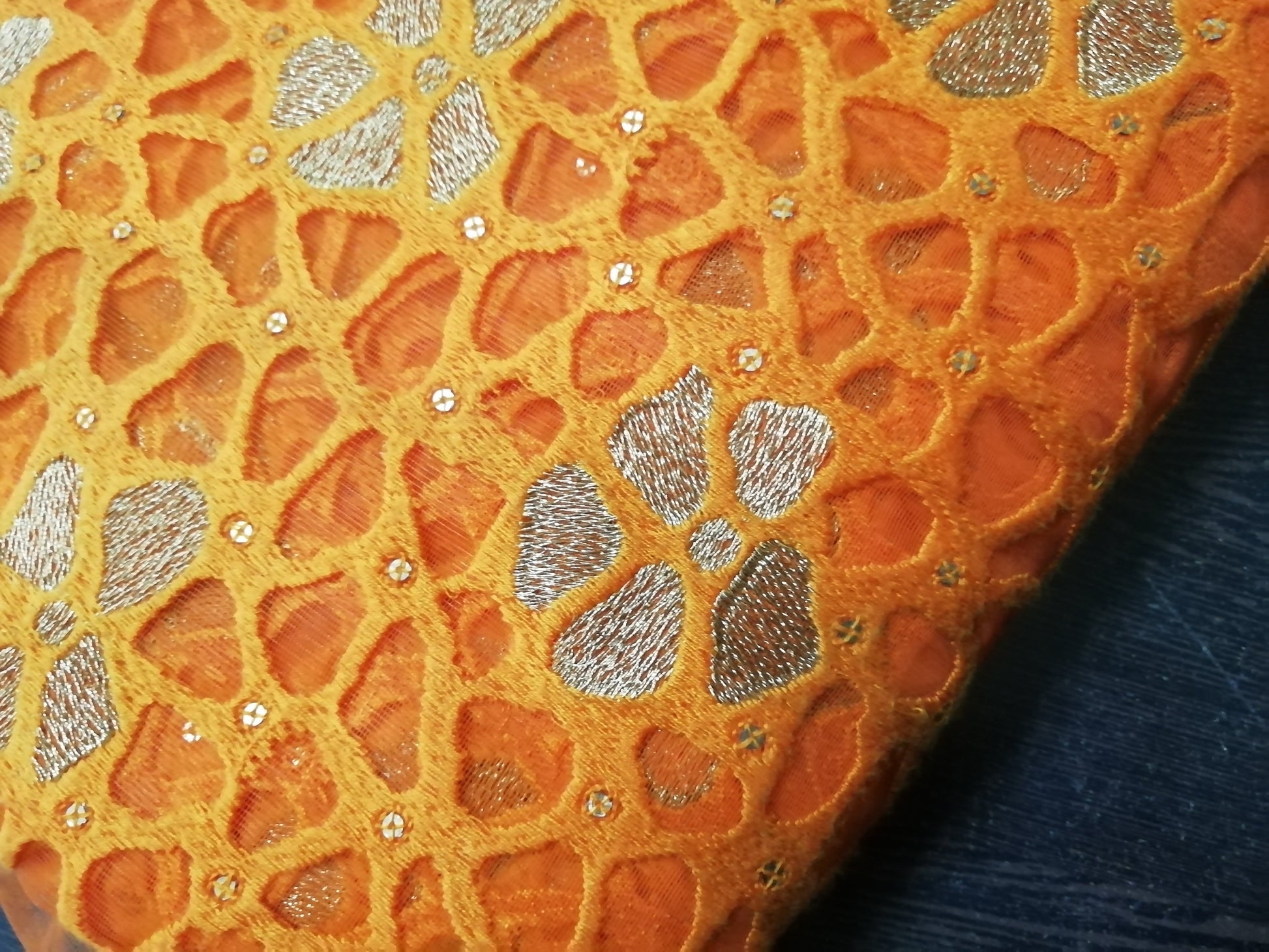 Orange &gold heavy embroidery mosaic pattern fabric - STUDIO PEHEL