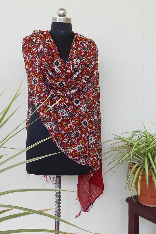 Beautiful ajrak printed dyed dupatta red - STUDIO PEHEL