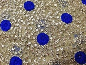 Gold/blue polka Heavy embroidered net fabric - STUDIO PEHEL