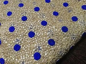 Gold/blue polka Heavy embroidered net fabric - STUDIO PEHEL