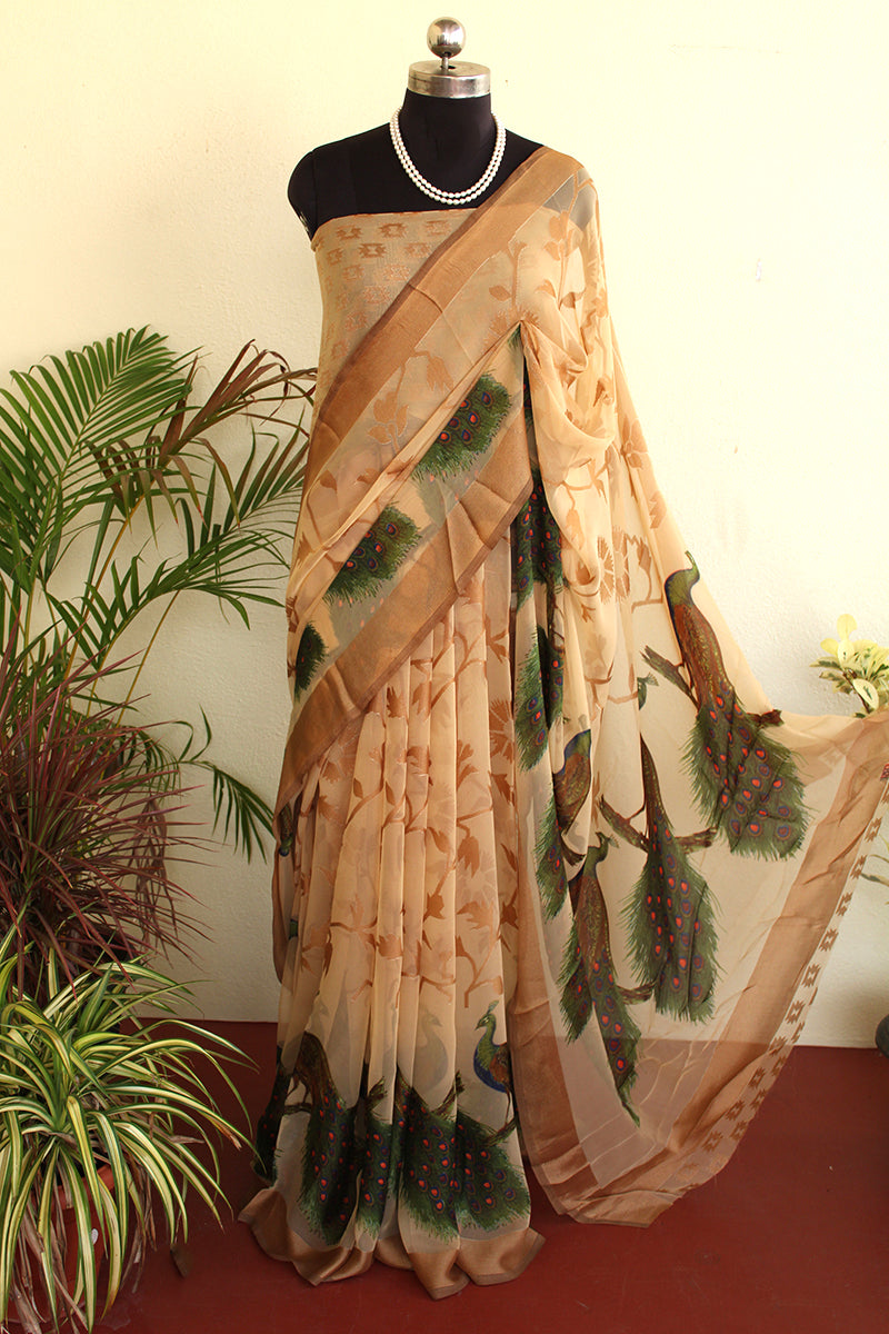 Beige Peacock Soft Brasso Saree