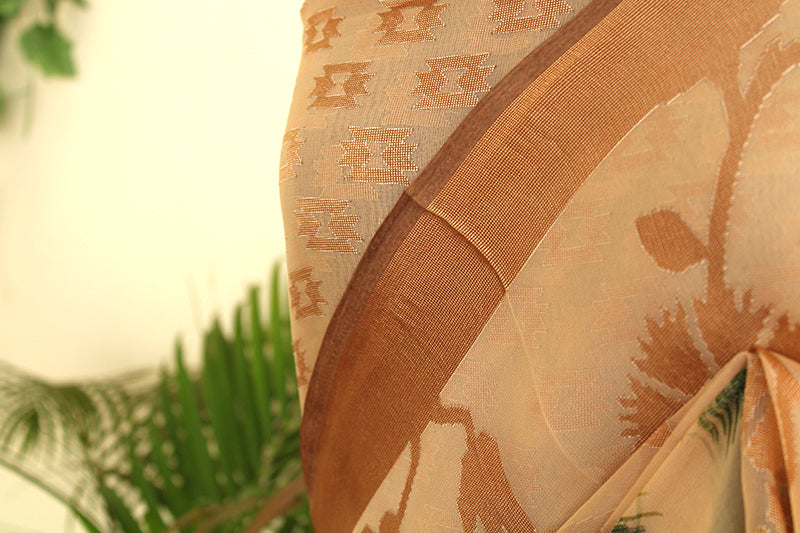 Beige Peacock Soft Brasso Saree