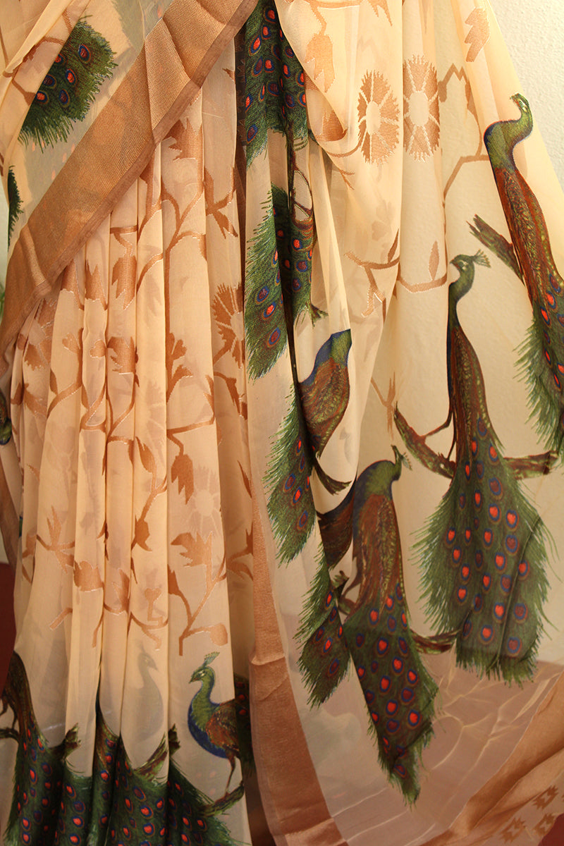 Beige Peacock Soft Brasso Saree