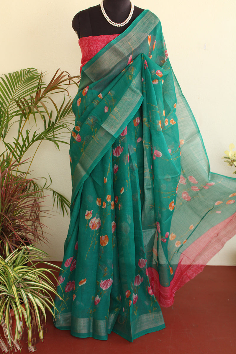 Tulip Teal Cotton Linen Saree