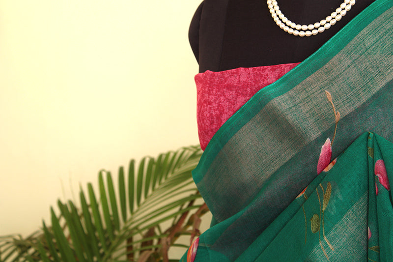 Tulip Teal Cotton Linen Saree