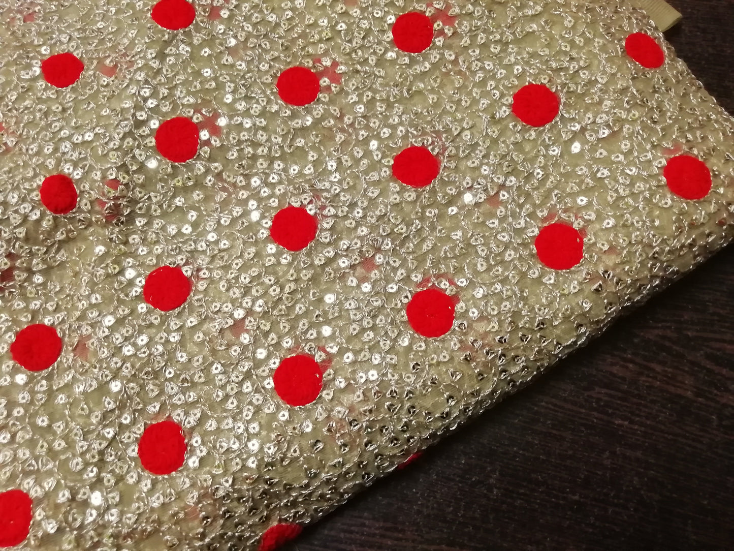 Gold/red polka Heavy embroidered net fabric - STUDIO PEHEL