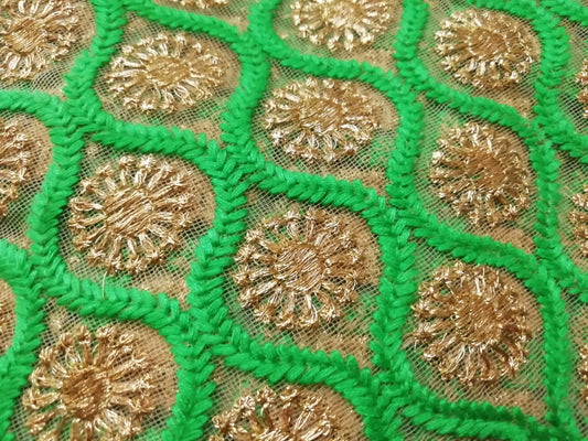 Gold/parrot green Heavy embroidered net fabric - STUDIO PEHEL