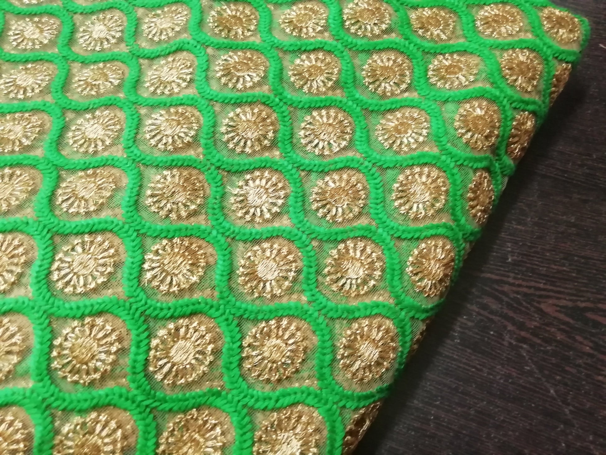 Gold/parrot green Heavy embroidered net fabric - STUDIO PEHEL